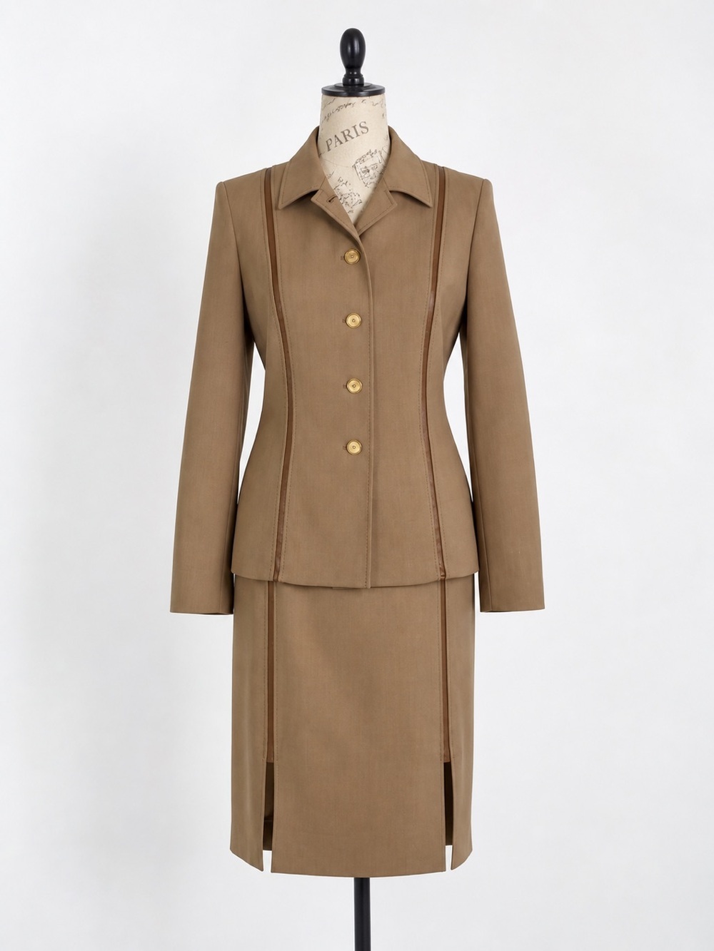 Gianfranco Ferre Tan Wool Blend Leather Trim Skirt Suit Sz 8